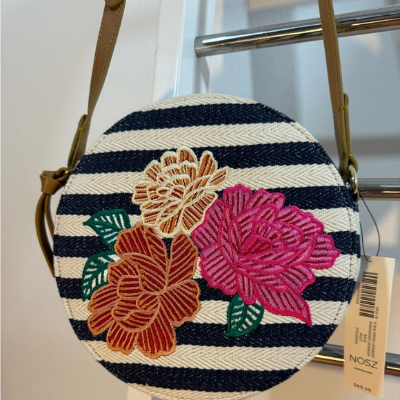 Chico’s Striped Floral-Embroidered Crossbody Round/Canteen Style Bag - Picture 1 of 11